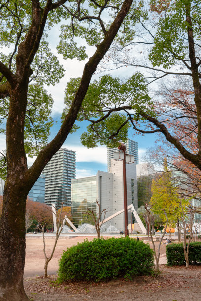 日本名古屋白川公园的秋天和现代建筑图片下载