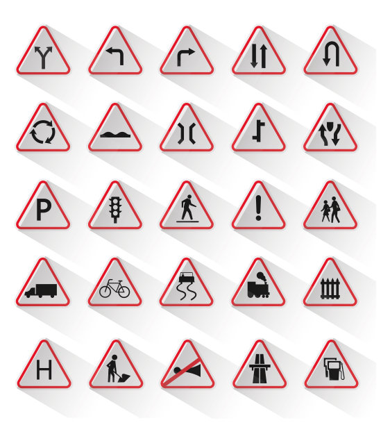 交通路标设置。监管，警告，高速公路限速，限制区域标志和引导字符标志矢量插图收集图形和网页设计图片下载