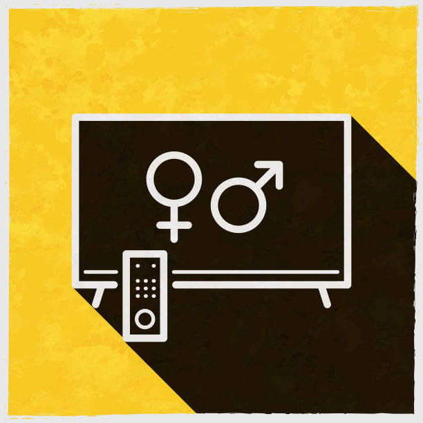 带有性别符号的电视。图标与长阴影的纹理黄色背景图片下载
