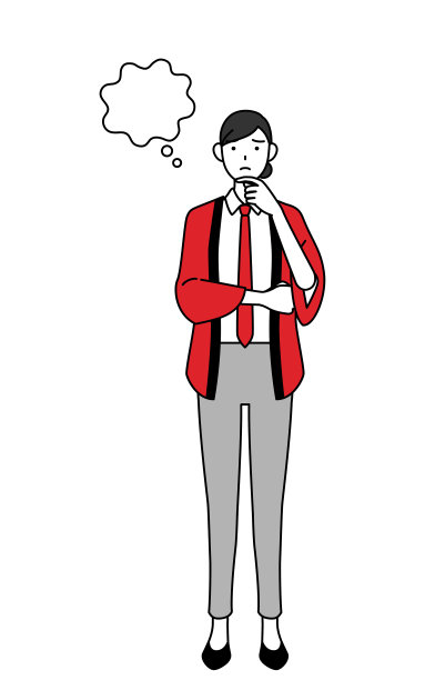 穿着红色快乐外套的女人一边挠脸一边思考。图片下载