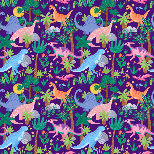 可爱的水彩恐龙在柔和的颜色无缝背景图片下载