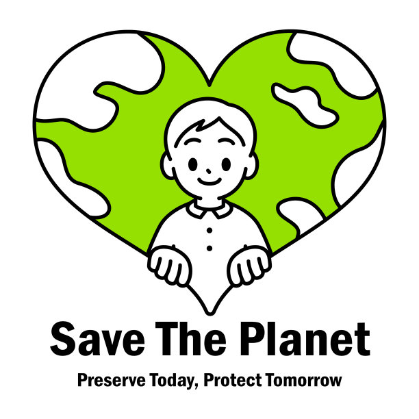 一个拥抱心形地球的男孩，极简风格，黑白轮廓，拯救地球，可持续发展，环保的理念图片下载