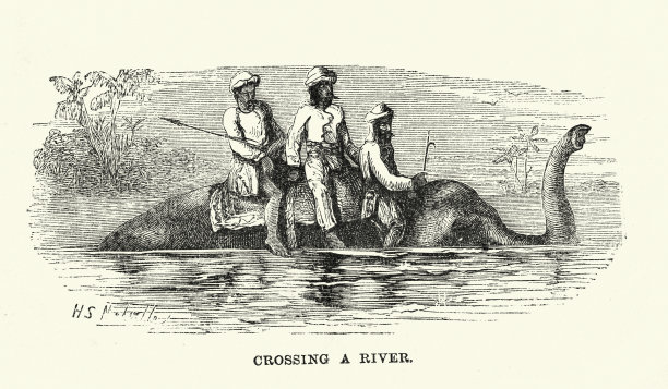 19世纪60年代维多利亚时代，人们骑在大象背上过河图片下载