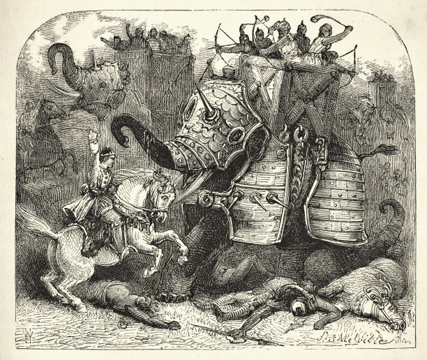 战争大象在古代战场上的战斗，军事历史图片下载