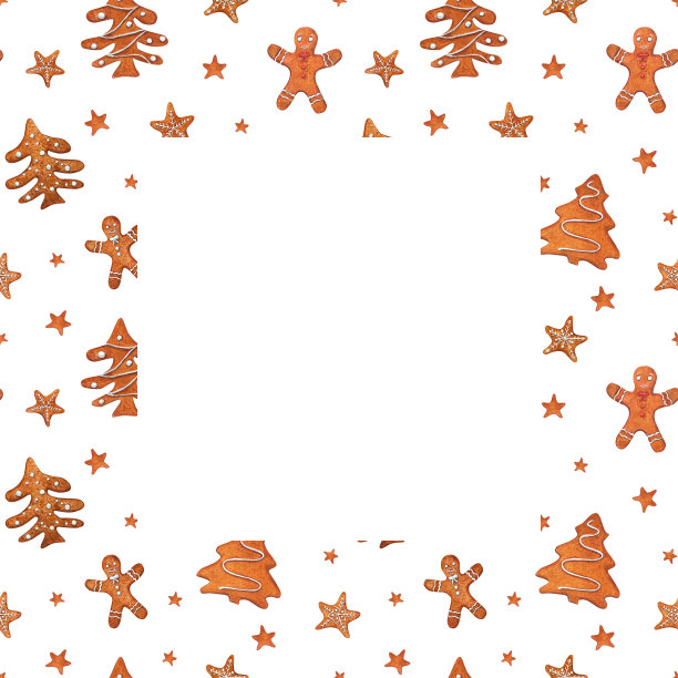 圣诞姜饼饼干的水彩框架。姜饼人，星星，云杉。前视图。水彩插图孤立的白色背景。文本空间。对于邀请模板，请粘贴标签图片下载