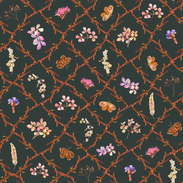 碎花菱形印花。花卉无缝图案与干花和蝴蝶手绘水彩。水彩印花壁纸，织物与野花和草药图片下载