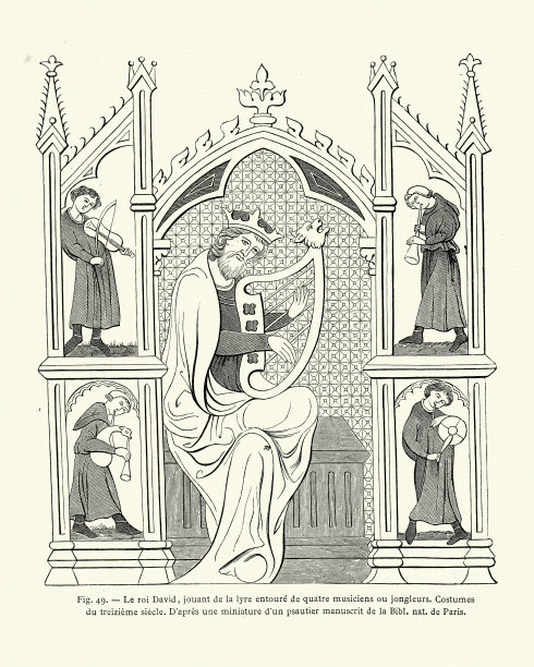13世纪，大卫王在中世纪乐师的包围下弹奏七弦琴图片下载