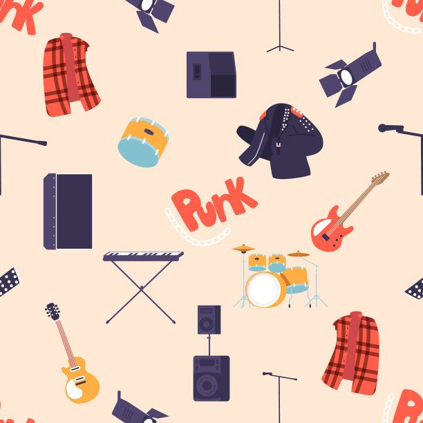 无缝模式具有摇滚乐器和项目的集合，创造一个充满活力和精力充沛的设计图片下载