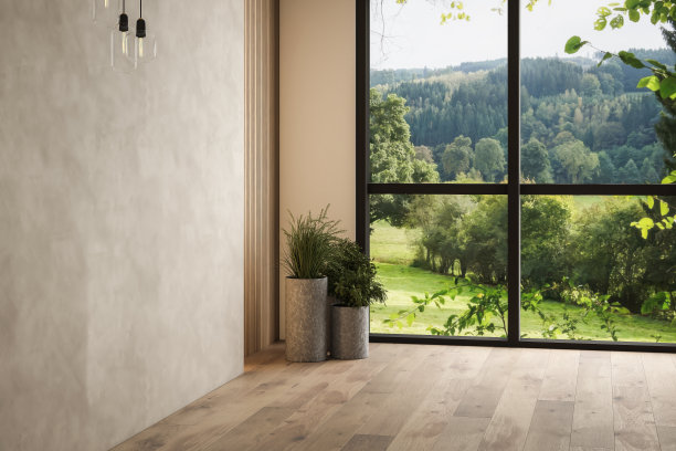 现代当代阁楼空房间与开放的门花园3d渲染。了房间。有混凝土和木板墙，拼花地板，植物，全景窗。图片下载