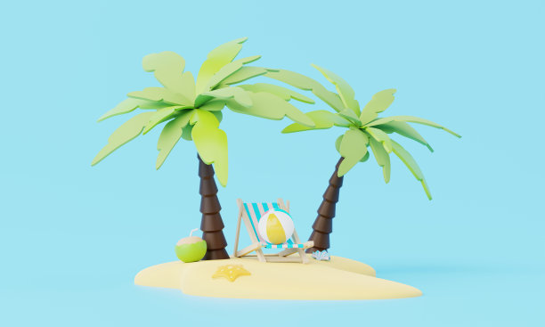 3D渲染暑假，海滩和海洋图标元素对象组，假期背景概念，现实显示产品模型或化妆品与夏季主题。最小可爱的设计。图片下载