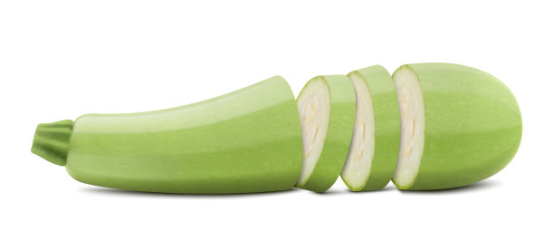 新鲜的意大利西葫芦或西葫芦，切成薄片，放在白色的背景上。现实的3d矢量插图。裁剪路径和全景深。图片下载