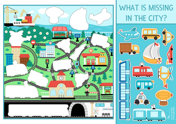 载体运输切割和粘合活性。制作游戏与可爱的城市景观，汽车，火车。有趣的水，空气，地下，陆地运输可打印工作表的孩子。完成图片图片下载