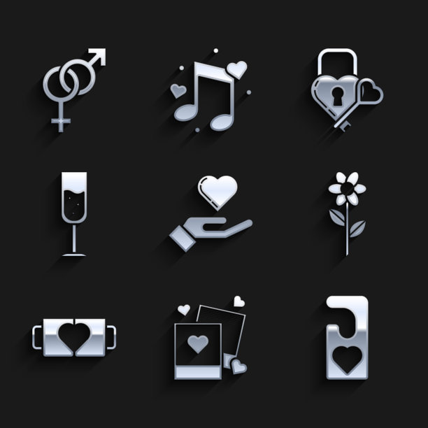 心在手上，两个空白相框心，请不要打扰，花，咖啡杯，玻璃香槟，城堡在形状键和性别图标。向量图片下载