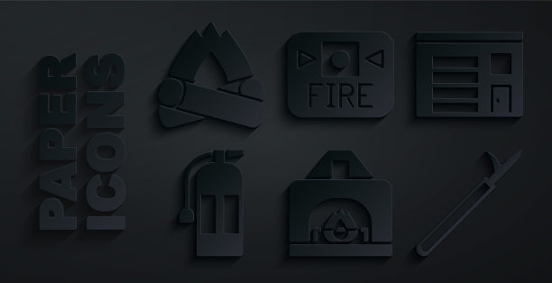 设置室内壁炉，车站建筑，灭火器，金属杆，报警系统和篝火图标。向量图片下载