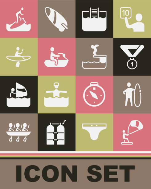 集风筝冲浪，冲浪板，奖牌，游泳池与梯子，喷气滑雪，皮艇和桨，和游泳者潜入图标。向量图片下载