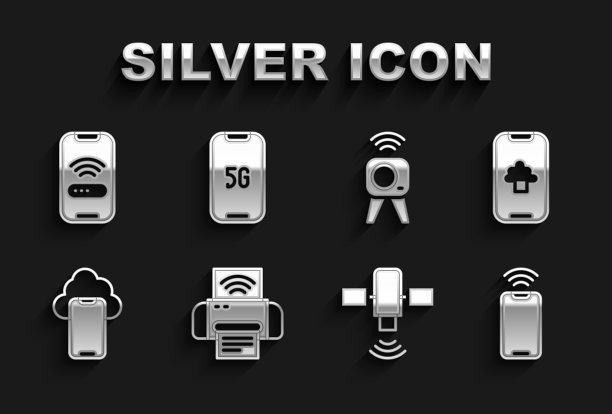 设置智能打印机系统，云技术数据，移动与wi-fi无线，卫星，网络摄像头，和5G图标。向量图片下载