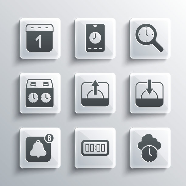 设置数字闹钟，时钟，日落，日出，手机闹钟应用程序，时间象棋，日历和放大镜与图标。向量图片下载