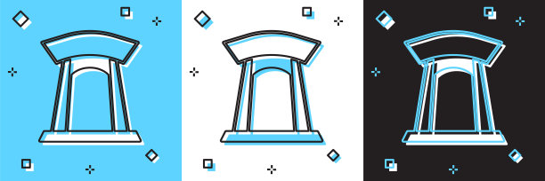 设置韩国传统的大门图标孤立在蓝色和白色，黑色背景。向量图片下载