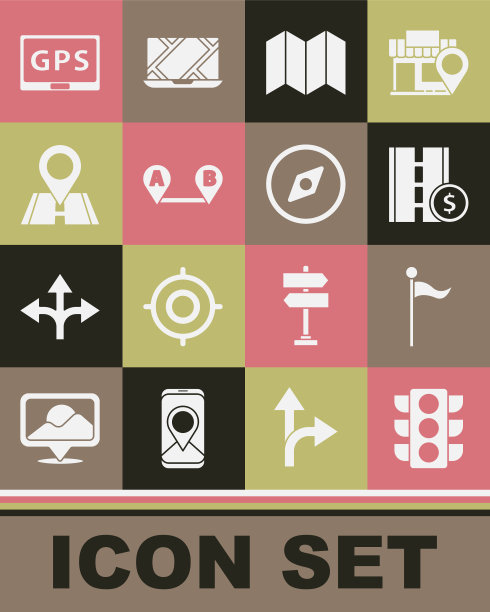 设置交通灯，位置标记，收费道路交通标志，折叠地图，路线位置，Gps设备与指南针图标。向量图片下载