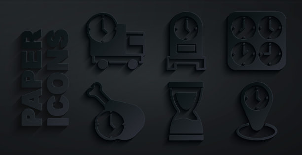 设置旧沙漏，时区时钟，食物时间，古董和送货卡车和图标。向量图片下载