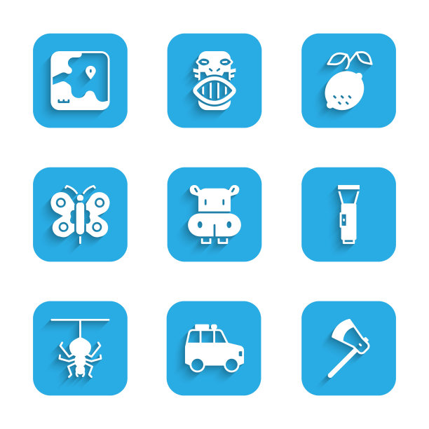 集河马或河马，汽车，木斧，手电筒，蜘蛛，蝴蝶，柠檬和非洲狩猎地图图标。向量图片下载