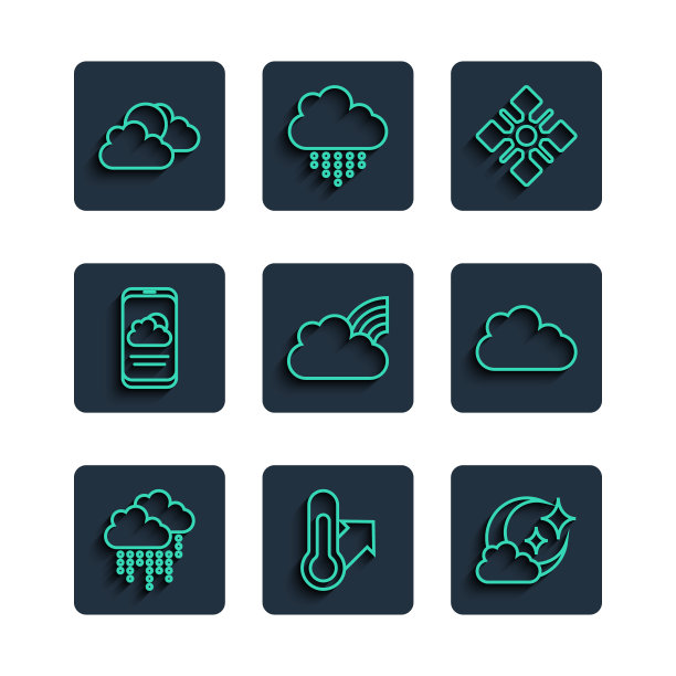 集线云与雨，气象温度计，月亮，雪花，彩虹云，天气预报，太阳和天气和图标。向量图片下载