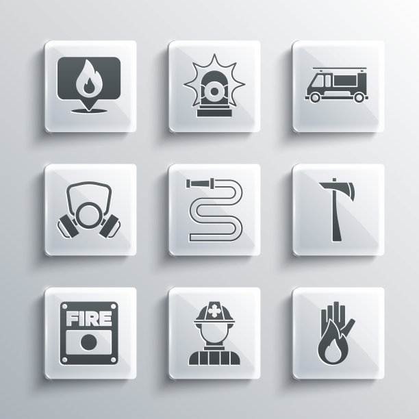 设置消防员，无火，斧头，软管卷轴，报警系统，防毒面具，火焰和卡车图标的位置。向量图片下载