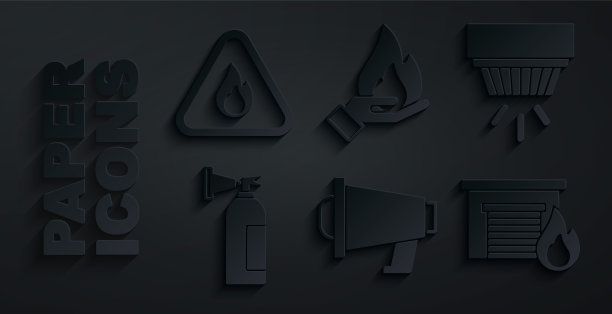 扩音器、烟雾报警器、灭火器及火焰图标组合矢量素材图片下载