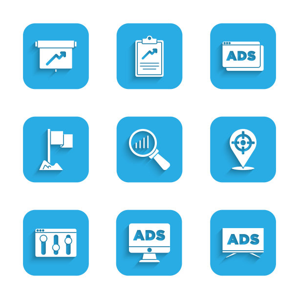 设置放大镜和分析，广告，目标运动，浏览器设置，位置标记，并与图表图标板。向量图片下载