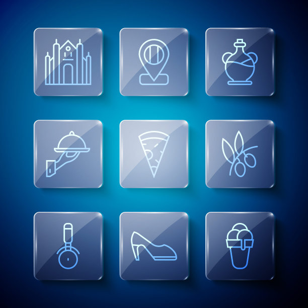 集线披萨刀，女人鞋，冰淇淋，橄榄油瓶，切片披萨，覆盖托盘食品，米兰大教堂和橄榄分支图标。向量图片下载