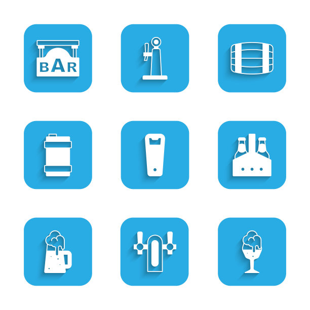 集开瓶器，啤酒龙头，啤酒玻璃，包装瓶，木制马克杯，金属桶，桶和街道招牌与酒吧图标。向量图片下载