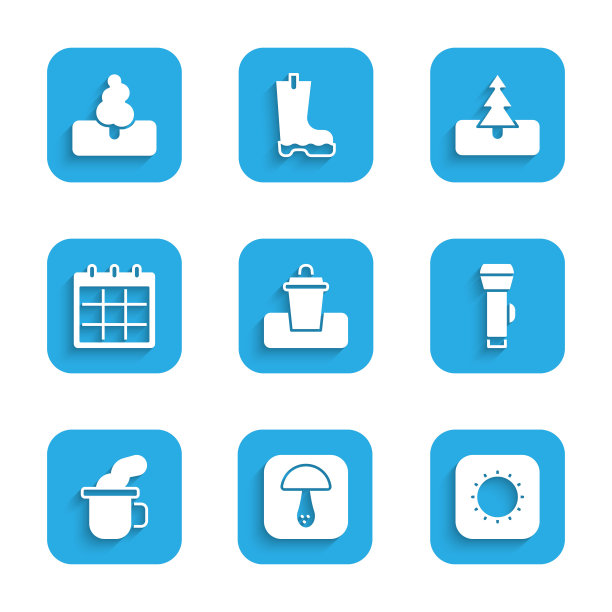 设置垃圾桶，蘑菇，太阳，手电筒，一杯茶，日历，树和图标。向量图片下载