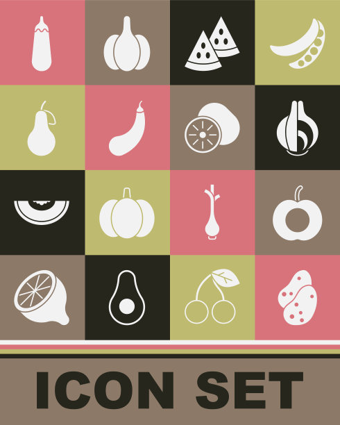 集土豆，桃子水果，洋葱，西瓜，茄子，梨，和猕猴桃图标。向量图片下载