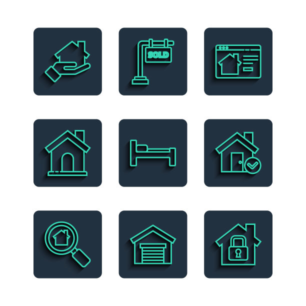 设置线搜索房子，车库，房子在保护下，在线房地产，床，房地产经纪人和复选标记图标。向量图片下载