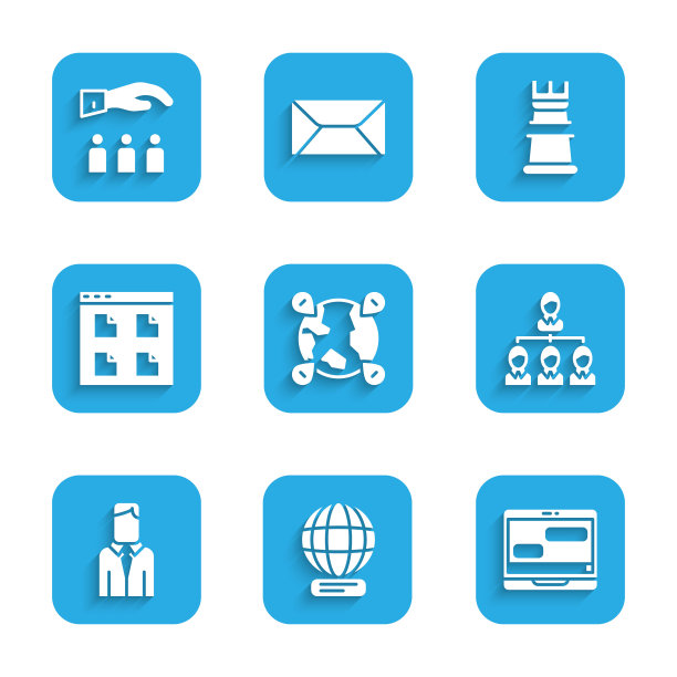 设置全球位置，全球范围内，聊天消息笔记本电脑，层次结构图，工人，浏览器文件，业务战略和老板与员工图标。向量图片下载