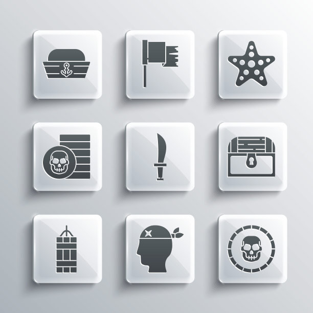 集海盗船长，硬币，古董宝箱，剑，炸药炸弹，水手帽和海星图标。向量图片下载