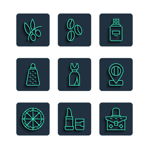 集线比萨饼，口红，手提包，香水，女人的衣服，磨碎器，橄榄枝和位置旗帜意大利图标。向量图片下载