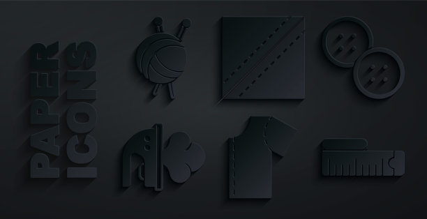 设置缝纫图案，按钮，电熨斗，卷尺，纺织织物卷和纱线球与针织针图标。向量图片下载