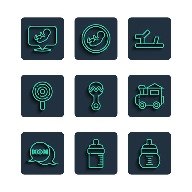 设线语音泡沫妈妈，奶瓶，鞋子，摇铃婴儿玩具，棒棒糖，和玩具火车图标。向量图片下载