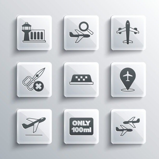 设置液体在随身行李，飞机，出租车顶棚，起飞，没有剪刀，机场控制塔和图标。向量图片下载