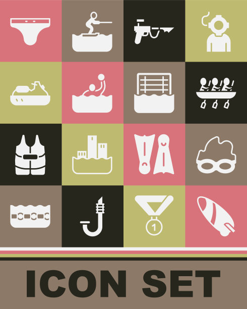 集冲浪板，眼镜游泳，独木舟划船队运动，钓鱼鱼叉，水球，喷气滑雪，游泳裤和图标。向量图片下载