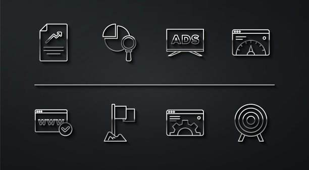 设置线文档，图表，网站模板，统计，浏览器设置，位置标记，放大镜和分析，目标运动和广告图标。向量图片下载