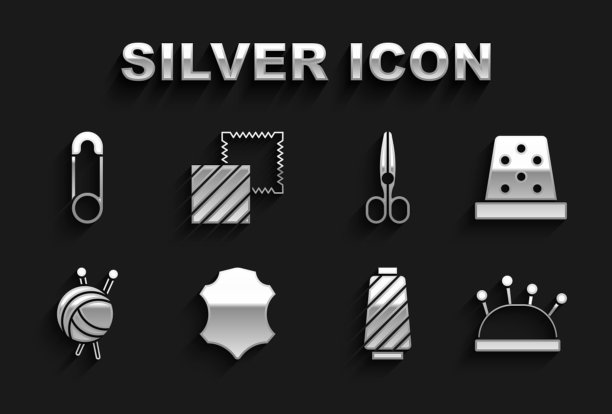 集皮革，缝纫顶针，针床和针，缝纫线在线轴上，纱线球与针织，剪刀，安全别针和纺织织物卷图标。向量图片下载