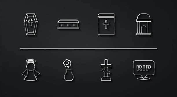 设置线棺材与十字架，天使，老地下室，坟墓，花瓶，演讲泡沫撕裂死亡和圣经书的图标。向量图片下载