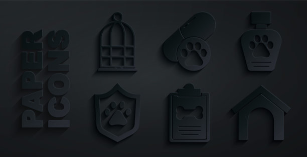 设定临床记录宠物，宠物洗发水，动物健康保险，狗屋，药丸和鸟笼图标。向量图片下载