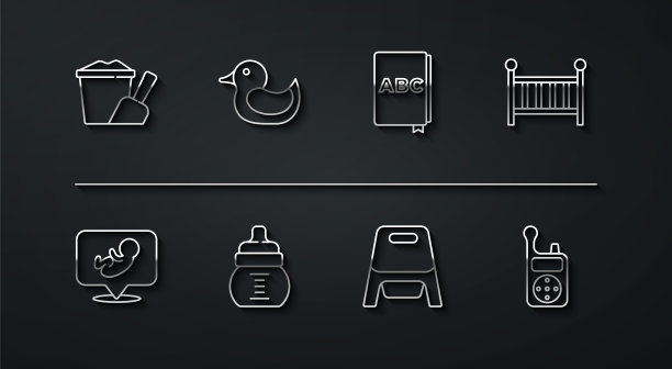 设线砂桶铲，婴儿，婴儿床摇篮，便盆，瓶子，橡皮鸭，监视器对讲机和ABC书的图标。向量图片下载