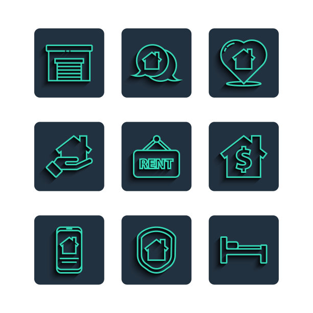 线上设置房地产房，房屋保护，床，带心形，挂租标志，房地产经纪人，车库和美元符号图标。向量图片下载