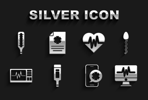 设置数字温度计，精子，监视器与心电图，紧急电话，心率，医疗和临床记录图标。向量图片下载