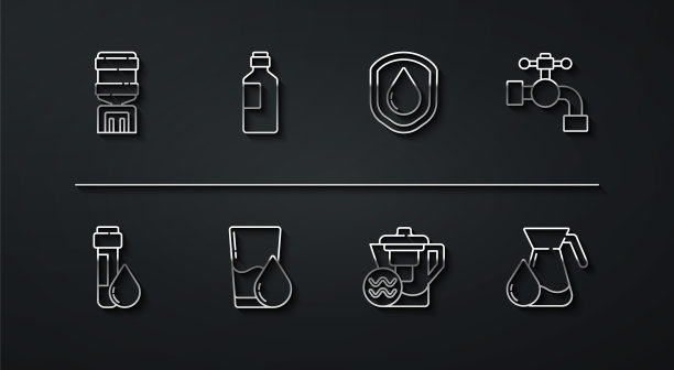 设置线水冷器，试管与水滴，水龙头，水壶过滤器，玻璃，瓶子，水壶玻璃和防水图标。向量图片下载