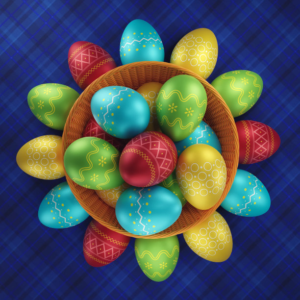 柳条篮子里五颜六色的彩蛋。圆形构图，从上面看，3d渲染图片下载